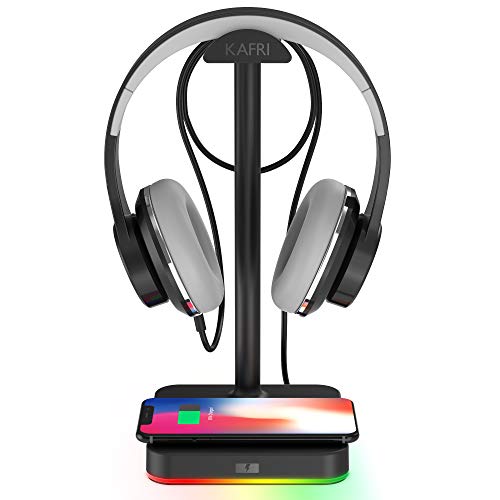 RGB Headphone Stand with Wireless Charger KAFRI Desk Gaming Headset Holder Hanger Rack with 10W/7.5W Fast Charge QI Wireless Charging Pad - Suitable for Gamer Desktop Table Game Earphone Accessories