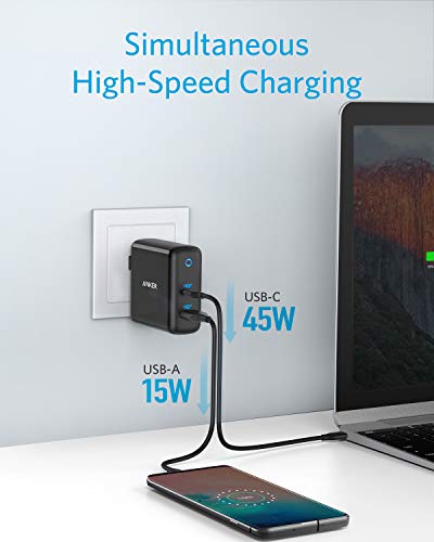 USB C Charger, Anker 60W PIQ 3.0 & GaN Tech Dual Port Charger, PowerPort Atom III (2 Ports) Charger with a 45W USB C Port, for USB-C Laptops, MacBook, iPad Pro, iPhone, Galaxy, Pixel and More