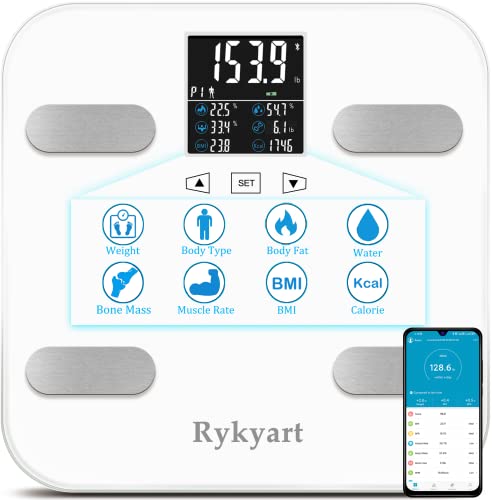 Scale for Body Weight and Fat, Rykyart Touch Screen and App Dual-Mode Body Fat Scale with 18 Body Data,400 Ib Bluetooth BMI Weight Scale, Digital Bathroom Scale Sync with Fitness App,White
