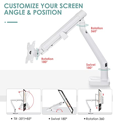 Single Monitor Arm Mount, Aluminum Single Computer Monitor Desk Mount with USB, LOTEYIKE Adjustable VESA Monitor Stand for 13 to 32 inch Screens, 2.2 to 19.8lbs-White/C-Clamp/Grommet/Cable Management