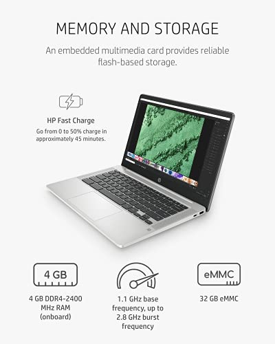 HP Chromebook 14 Laptop, Intel Celeron Processor, 4 GB RAM, 32 GB eMMC, 14” HD (1366 x 768) Touchscreen, Chrome OS, Webcam & Dual Mics, Work, Entertainment, Long Battery Life (14a-na0130nr, 2021)