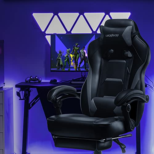 Luckracer Gaming Chair with Footrest Office Desk Chair Ergonomic Gaming Chair Pu Leather High Back Adjustable Swivel Lumbar Support Racing Style E-Sports Gamer Chairs Gray