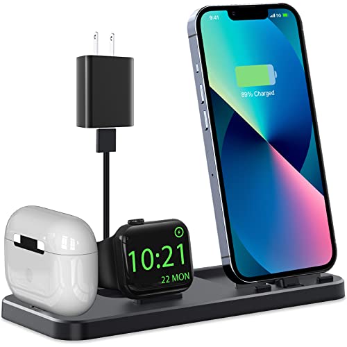 3 in 1 Charging Station for Multiple Devices Apple Portable Charging Stand for Apple Watch iPhone and AirPods Build-in Charger Charging Dock Holder for iPhone with Adapter and Cable (Black)