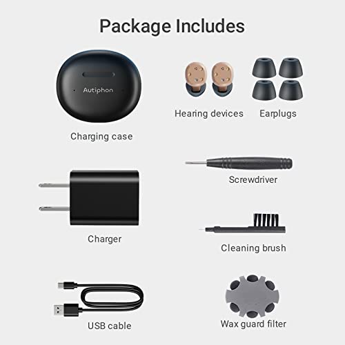 Autiphon Advanced Digital Rechargeable Hearing Aids for Seniors Adults with Noise Cancelling, Mini CIC Hearing Devices with Charging Case for Back-up Power, Beige, Pair, Digit03