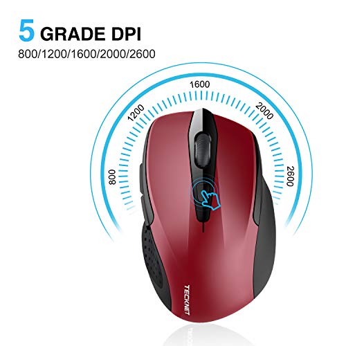 Wireless Mouse, TECKNET Pro 2.4G Ergonomic Wireless Optical Mouse with USB Nano Receiver for Laptop,PC,Computer,Chromebook,Notebook,6 Buttons,24 Months Battery Life, 2600 DPI, 5 Adjustment Levels