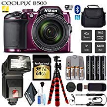 Nikon COOLPIX B500 Digital Camera (Plum) 16MP 40x Optical Zoom with Built-in NFC, WiFi & Bluetooth + Slave Flash + Camera Case + Flexible Tripod - International Version