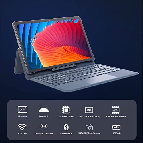 10.36" 2K Display Android 11 Tablet with docking keyboard,Dual 4G LTE Cellular,Octa core 1.8GHz, 2000x1200,4GB+64GB,5MP+13MP Dual Cameras,Four Speakers,WiFi,GPS,FM,Bluetooth,6000mAh Battery,Azeyou T20