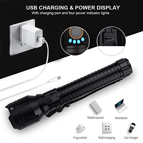 Rechargeable LED Flashlight, 150000 High Lumens Super Bright Powerful Flash Lights, LBE Handheld Large Tactical Flashlight Outdoor with Zoomable, 3 Modes, IPX7 Waterproof (Black)