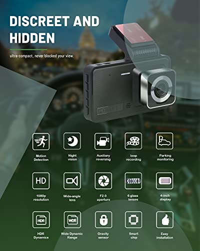 Dual Dash Cam 1080P with 64GB SD Card, Dash Cam Front and Rear, Dash Camera for Cars, 4" Display, Night Vision, Parking Mode, 170° Wide Angle, WDR, 24 Hour Parking Mode, Loop Recording