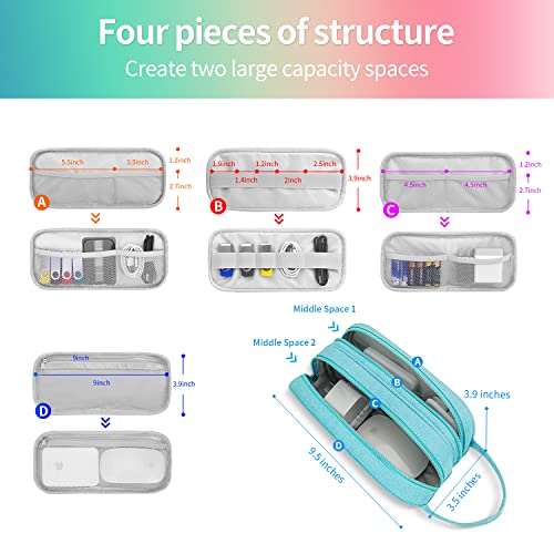 HESTECH Electronics Organizer,Cable Case,Travel Accessories Storage Bag Portable Waterproof Double Layers Pouch for Cord,Charger,Hard Drives,Flash Drive,Phone,SD Card,USB,With 5PCS Cables Ties,Teal