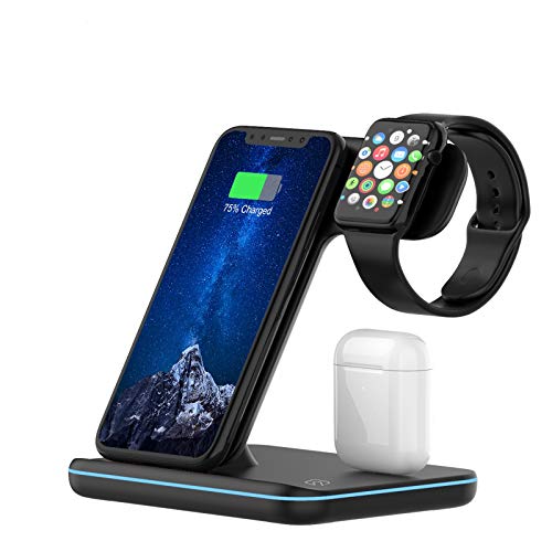 Wireless Charger, 3 in 1 Qi-Certified 15W Fast Charging Station for Apple iWatch Series 7/6/5/4/3/2/1,AirPods,Wireless Charging Stand for iPhone (Black)