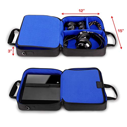 USA GEAR Console Carrying Case - PS4 Case Compatible with Playstation 4 Slim, PS4 Pro, and PS3 - Customizable Interior Stores PS4 Games, PS4 Controller, PS4 Headset, and More Gaming Accessories (Blue)