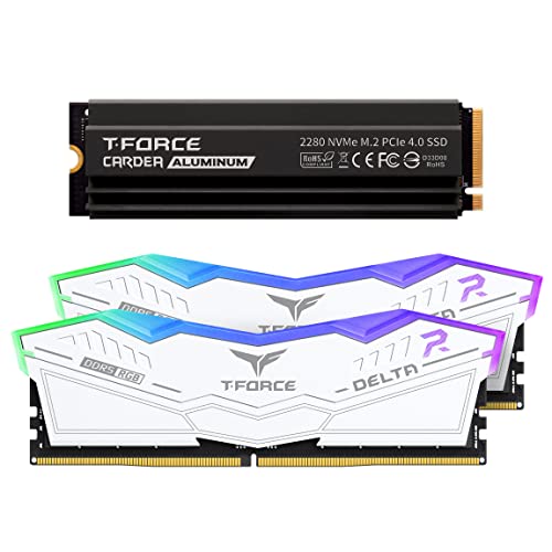 TEAMGROUP T-Force Delta RGB DDR5 32GB Kit 2x16GB 6400MHz Ram White FF4D532G6400HC40BDC01 Bundle with CARDEA A440 Pro Aluminum 1TB NVMe PCIe Gen4 M.2 Gaming SSD R/W 7200/6000 MB/s TM8FPR001T0C128