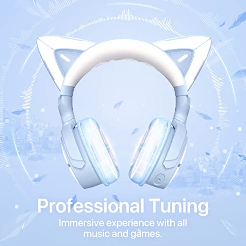 YOWU RGB Cat Ear Headphone 4, Upgraded Wireless & Wired Gaming Headset with Attachable HD Microphone -Active Noise Reduction, Dual-Channel Stereo & Customizable Lighting and Effect via APP (Blue)