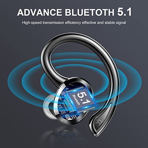 Wireless Earbud, Sport Bluetooth 5.1 Headphones with Earhooks Wireless Earphones in-Ear with Immersive Sound, Bluetooth Earbud IP7 Waterproof, Noise Cancelling, Dual LED Display, 48H Playtime, Running