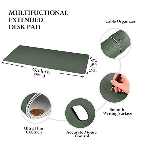 Office Desk Pad Desktop Protector, Upgrade Sewing Edge 35.4 x 17Inch PU Leather Desk Mat, Gaming Mouse Pad, Waterproof Desk Blotter Pad, Double Sides(Dark Green/Gray)