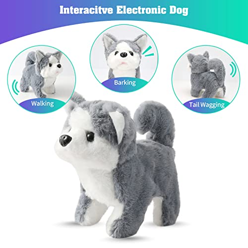 Plush Husky Dog Toy Puppy Electronic Interactive Dog - Walking, Barking, Tail Wagging, Stretching Companion Animal Toys for Kids Toddler