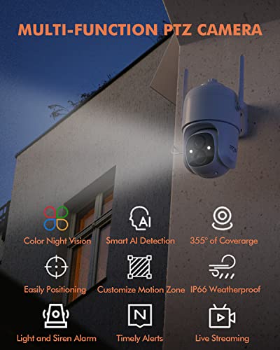 Solar Security Cameras Wireless Outdoor, Dzees 2.4GHz Battery Powered Security Camera, 360° PTZ Camera with Spotlight, Siren, Color Night Vision, AI Dectection, IP66 for Home Security