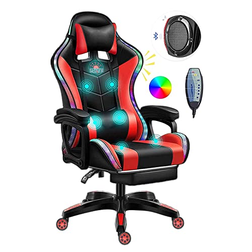 FZYUAN Video Gaming Chairs LED Lights, Ergonomic Office Chair, Full Massager Lumbar Support, and Bluetooth Speaker, Computer Chair with Retractible Footrest Adjustment of Backrest,Red