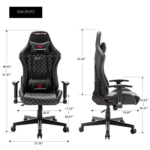 GTMONSTER Racing Style Video Gaming Chair, Reclining Ergonomic Leather Office Computer Game Chair, Swivel Gaming Chairs, (Black)