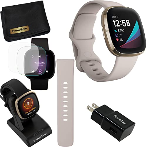 Fitbit Sense Advanced Smartwatch (Lunar White) with Small & large Bands, Bundle with 3.3foot Charge Cable, Wall Adapter, Screen Protectors & PremGear Cloth compatible with Fitbit