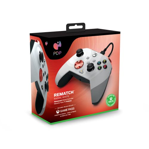 Xbox Controller + 1 Month Xbox Game Pass Ultimate - Compatible with Xbox Series X|S, Xbox One, PC - REMATCH by PDP - Radial White