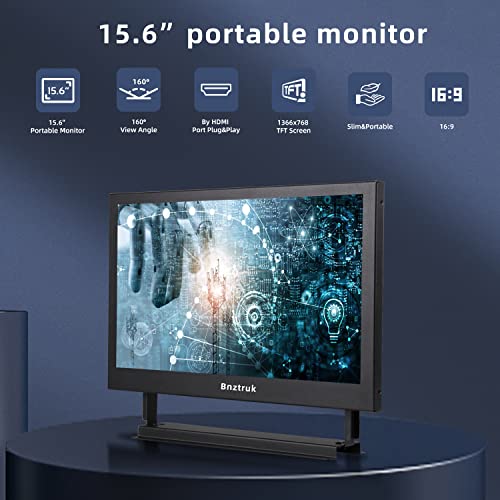 15.6 inch Portable Monitor Bnztruk HD Externer Screen with Port HDMI VGA BNC AV & USB Audio Video Display for Raspberry Pi Laptop Home Kitchen DVR Computer, PC 16:9,1366x768 Color Display