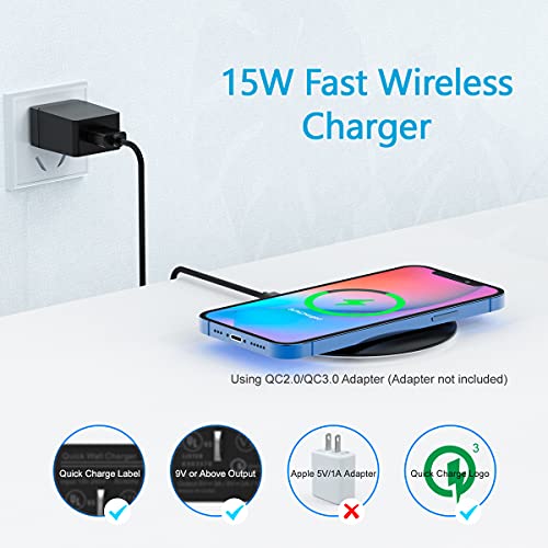 Slim Wireless Charger, 15W Fast Qi Wireless Charging Pad Compatible with iPhone 13/12/12 Pro Max/12 Mini/11/XR/X/8 Plus, Samsung Galaxy S21/S20 Ultra/S10/S9/Note 10, Pixel 5/4 XL (No Adapter)…