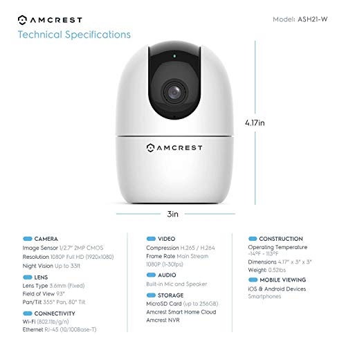 Amcrest 1080P WiFi Camera Indoor & Smart Home 1080P Security Outdoor Camera Wireless WiFi, ASH21-W-ASH26W