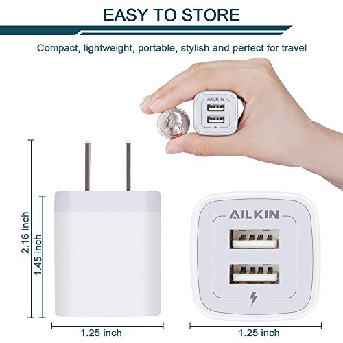 USB Wall Charger, Charger Adapter, AILKIN 2-Pack 2.1Amp Dual Port Quick Charger Plug Cube for iPhone 13 12 11 Pro Max 10 SE X XS XR 8 Plus 7, Samsung Galaxy S21 S20 Power Block Fast Charging Box Brick