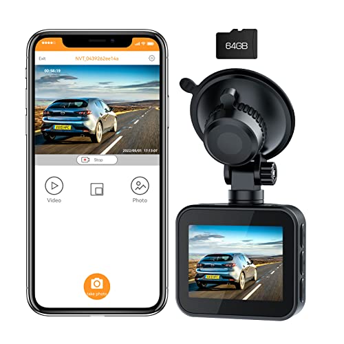 TOGUARD VIDEO 4K WiFi Dash Cam with 64GB U3 SD Card 150° Wide Angle Front Dash Camera for Cars GPS Speed Track, WDR, Voice Control, Mini Size, APP