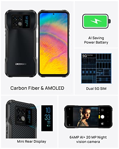 5G Rugged Smartphone Unlocked DOOGEE V20 (2022) 6.43'' AMOLED DotDisplay, 64MP and 20MP Night Vision Camera, 6000mAh, 8GB+256GB Android 11 Unlocked Cell Phone, IP68 Waterproof Rugged Cell Phone, NFC