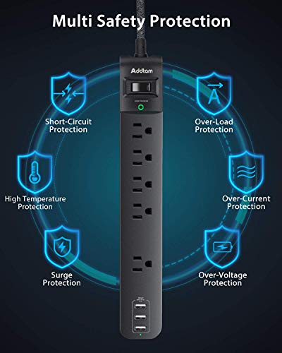 2 Pack Power Strip Surge Protector - 5 Widely Spaced Outlets 3 USB Charging Ports, 1875W/15A with 6Ft Braided Extension Cord, Flat Plug, Overload Surge Protection, Wall Mount for Home Office