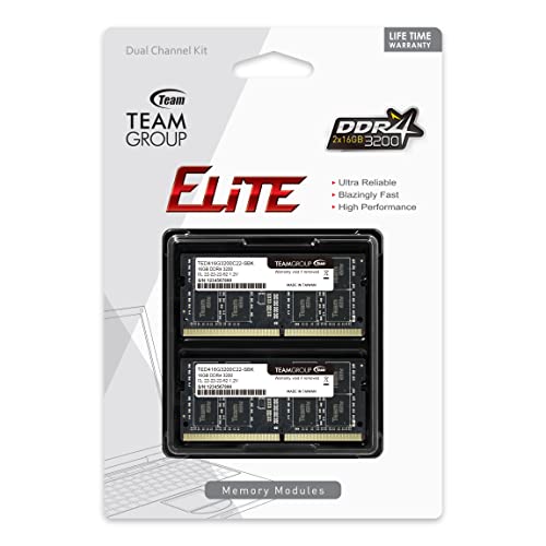 TEAMGROUP Elite DDR4 32GB Kit (2 x 16GB) 3200MHz PC4-25600 CL22 Unbuffered Non-ECC 1.2V SODIMM 260-Pin Laptop Notebook PC Computer Memory Module Ram Upgrade - TED432G3200C22DC-S01