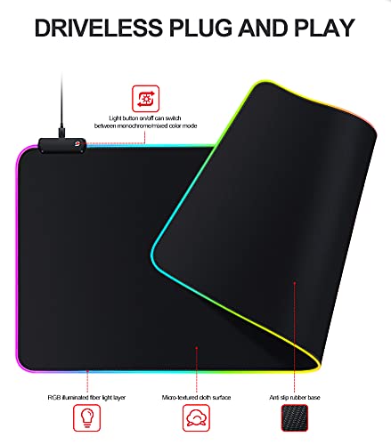 Large RGB Gaming Mouse Pad -15 Light Modes Touch Control Extended Soft Computer Keyboard Mat Non-Slip Rubber Base for Gamer Esports Pros 31.5X11.8