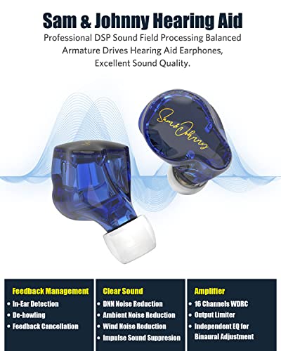 Sam & Johnny Hearing Aids for Seniors Rechargeable with Noise Cancelling, 16-channel WDRC Bluetooth Hearing Amplifier Aid Devices Digital in Ear, FCC Approved(BLUE)