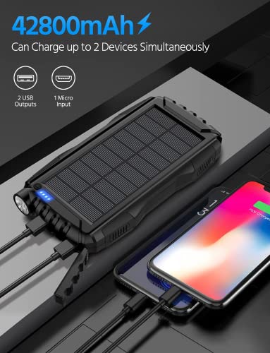 Solar Power Bank,Solar Charger,42800mAh Power Bank,Portable Charger,External Battery Pack 5V3.1A Qc 3.0 Fast Charging Built-in Super Bright Flashlight(Black)