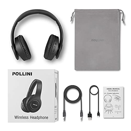 Bluetooth Headphones Wireless, pollini 40H Playtime Foldable Over Ear Headphones with Microphone, Deep Bass Stereo Headset with Soft Memory-Protein Earmuffs for iPhone/Android Cell Phone/PC (Black)