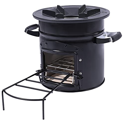 Lineslife Rocket Stove Wood Burning Portable for Backpacking, Charcoal Camping Stove with Handle and Carry Bag for Ourdoor, Cooking, BBQ, RV, Survival, Black One Door with 10.2" Stove Top