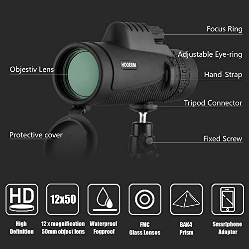 Monocular-12X50 HD Monocular Telescope with Smartphone Adapter,FMC&BAK4 Prism Monoscope with Clear Low Light Vision for Adults Kids Bird Watching Hiking Concert Travel Secenery-Camping Gadgets