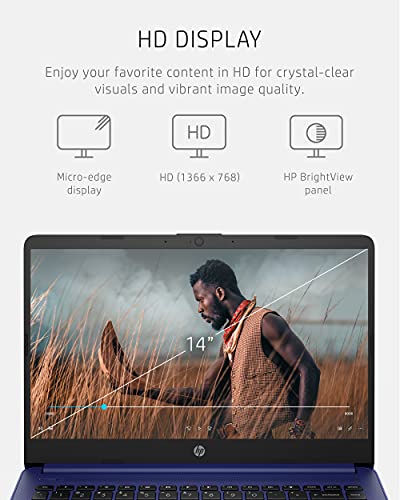 HP 14 Laptop, Intel Celeron N4020, 4 GB RAM, 64 GB Storage, 14-inch Micro-Edge HD Display, Windows 10 Home, Thin & Portable, 4K Graphics, One Year of Microsoft 365 (14-dq0010nr, 2021, Indigo Blue)