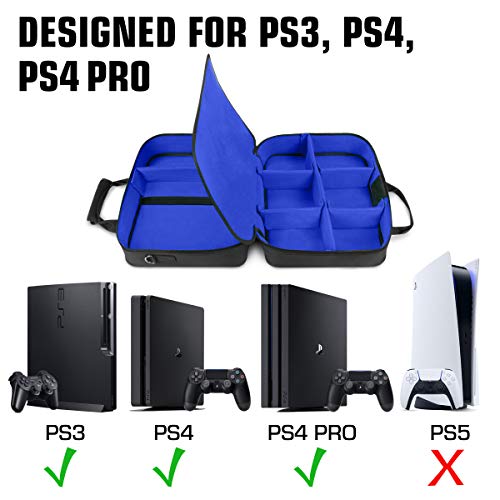 USA GEAR Console Carrying Case - PS4 Case Compatible with Playstation 4 Slim, PS4 Pro, and PS3 - Customizable Interior Stores PS4 Games, PS4 Controller, PS4 Headset, and More Gaming Accessories (Blue)