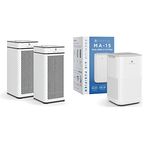 Medify MA-40-UV Air Purifier, White, 2-Pack & MA-15 Air Purifier with H13 HEPA filter - a higher grade of HEPA | '3-in-1' Filters | 99.9% removal in a Modern Design - White 1Pack…