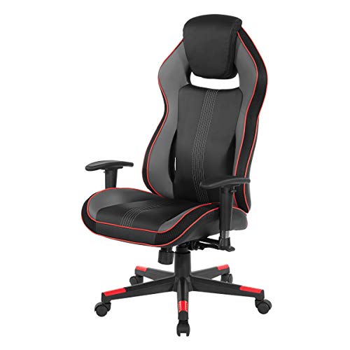 OSP Home Furnishings BOA II Ergonomic Adjustable High Back Gaming Chair with Thick Padded Coil Spring Seat, Built-in Lumbar Support and Headrest, Black with Red Accents