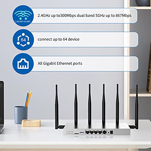 Wiflyer WG3526 4G LTE Router | AC1200Mbps Dual Band CAT4 Wireless Router with Metal Case and Detachable 6×5dBi Antennas| Gigabit Ethernet with TF Card Slot & USB3.0 Port & SIM Card Slot