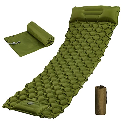 Camping Sleeping Pads, Large Ultralight Camping Mat with Pillow Built-in Pump, Waterproof Compact Inflatable Camping Mattress for Backpacking, Hiking, Traveling(Green)