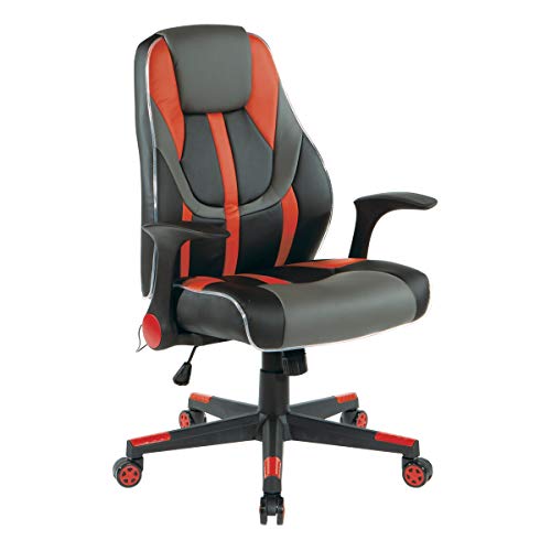 OSP Home Furnishings Output Mid-Back LED Lit Gaming Chair, Black Faux Leather with Red Trim and Accents