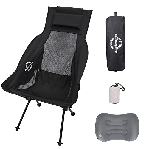 Drafitorts Ultralight Camping Chair, Compact Portable High-Back Foldable Chair with Headrest, Extra Inflatable Pillow & Carry Bag for Camping Fishing Backpacking Lawn & Beach