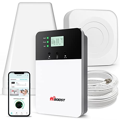 HiBoost Cell Phone Signal Booster, Support up to 8,000 sq ft, Upgrade Kit with 2 Indoor Antennas, APP Support, 4G 5G LTE Data for All US Carriers -Verizon, AT&T, T-Mobile, Sprint ect, FCC Approved