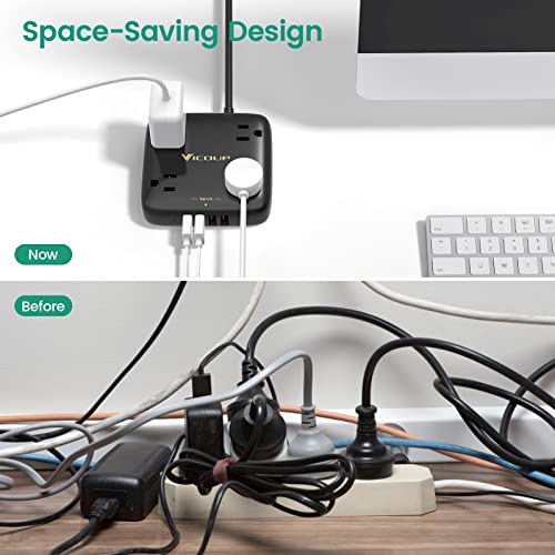 Power Strip with USB Ports, VICOUP Surge Protector Flat Plug with 4 Widely Spaced Outlets 4 USB Charger 4.5A, Wall Mountable 4.5 FT Extension Cord Compact for Office Dorm Room Essentials, ETL Listed